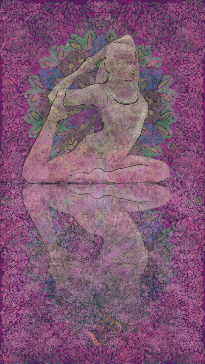 The Eka Pada Rajakapotasa is a Yoga Expression and was inspired by the peaceful open breathing of the King Pigeon pose. My practice does not quite measures up to this image!  My personal yoga practice helps me feel more connected to the natural world. I began working on this piece after visiting Haifa, Israel. The plant life and leafy green hillsides of the city inspired the intricate background of  this artwork. I hope you find inspiration from this and spread the joy of inner peace.